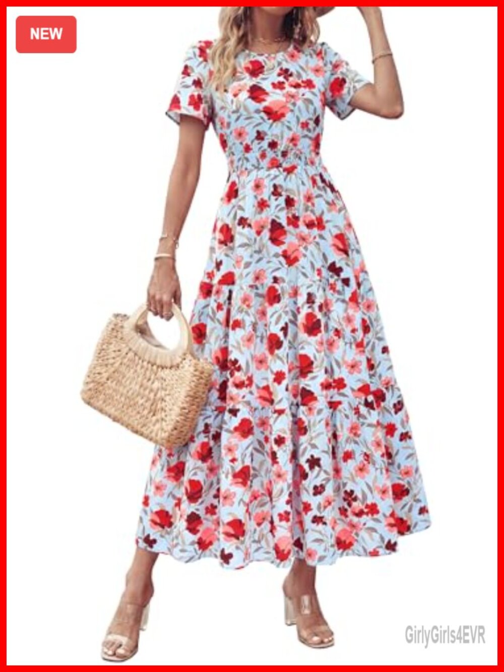 PRETTYGARDEN Women's Smocked Boho Floral A-Line Maxi Dress Flutter Sleeve